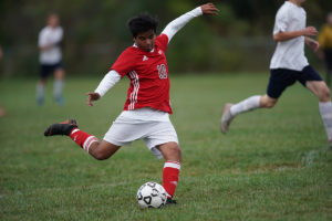 soccer player kicking ball